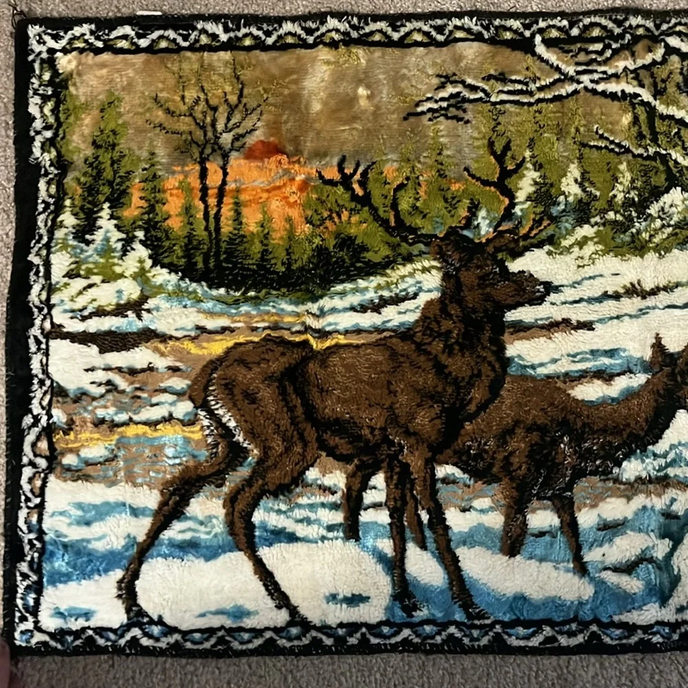 Vintage 70s B.M.S. Deers Winter Woods Velvet Tapestry